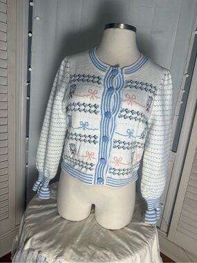 Sunday Up Blue Bow Floral Fair Isle Knit Cardigan Sweater L Coquette Cottagecore